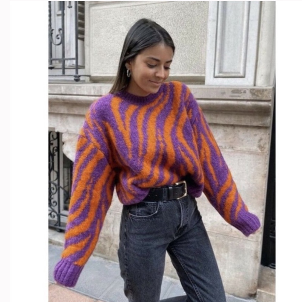 Zara Jacquard Vibrant Purple and Orange Animal Pattern Sweater - S